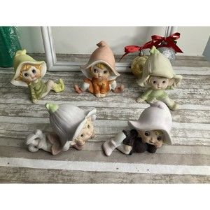 Vintage HOMCO Elves/Fairies/Pixies Set Of 5 Ceramic Decorations